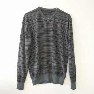 Brunella Gori Sweater Pullover Mens L Black Gray Striped VNeck Merino Wool Italy
